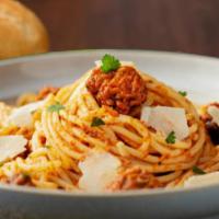 Spaghetti With Meatball · Spaghetti with house marinara sauce and meatballs or Italian sausage served with side of sal...
