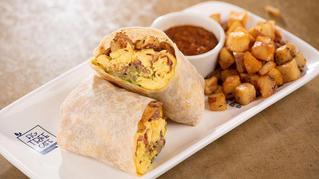 California Breakfast Burrito · Flour tortilla, rosemary roasted potatoes, bell pepper cream sauce, pico de gallo, guacamole, skirt steak, cheddar cheese, chopped bacon and scrambled eggs served with house potatoes and salsa.