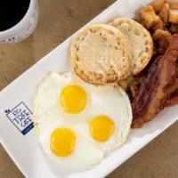 American · Three eggs any style, house potatoes, bacon and choice of bread.