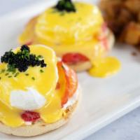 House Cured Salmon Benedict · choice of english muffin or focaccia, dill and beet house cured salmon, crème fraise, two po...