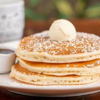 Buttermilk Pancakes · Vegetarian. Three medium stacked pancakes.