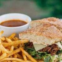 Short Rib · red wine braised short rib, focaccia bread, gruyere cheese, baby arugula, horseradish aioli,...