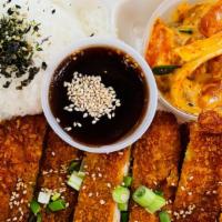 Pork Katsu With Poke · Breaded pork cutlet topped with katsu sauce. Served with one flavored poke and steam rice.