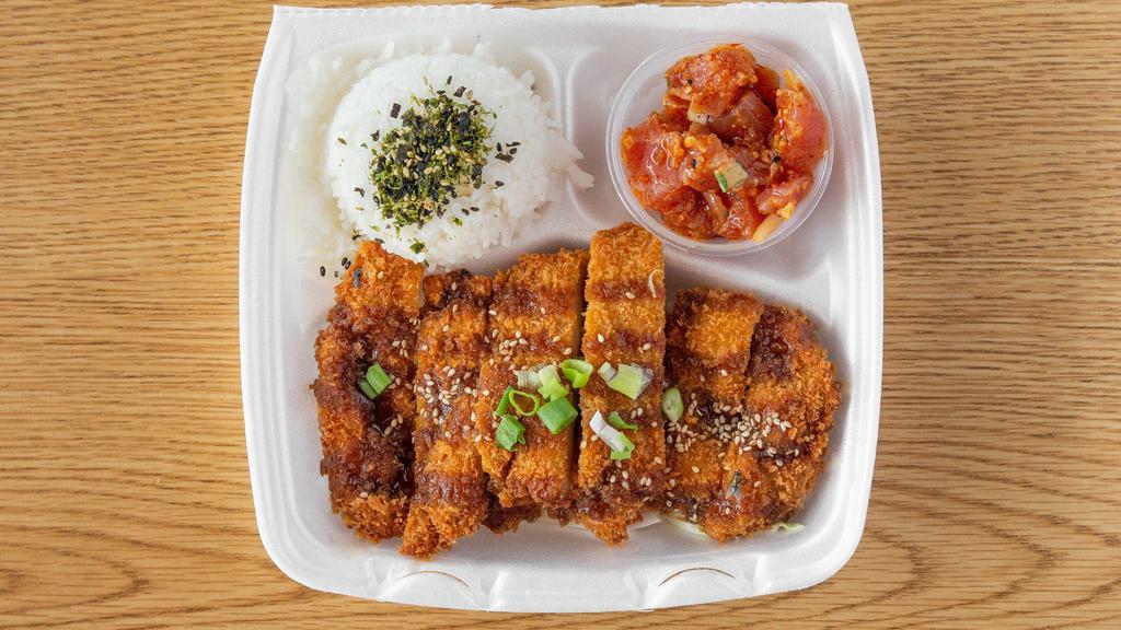 Chicken Katsu With Poke · Breaded chicken cutlet topped with katsu sauce. Served with one flavored poke and steam rice.