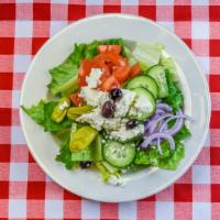 Greek Salad · Romaine lettuce, Roma tomatoes, Greek olives, cucumber, red onion, pepperoncini, and feta ch...