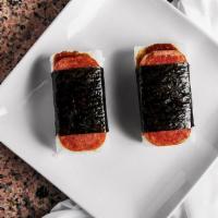 Spam Musubi (2 Pcs.) · Popular Hawaiian snack. A slice of grilled spam on top of a block of rice. Served with teriy...