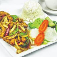 	Com Ga Xao Xa Ot- Spicy Chicken 	 · Sautéed with lemongrass, onions, garlic, bell pepper, jalapeños, red chilli, and chilli past...
