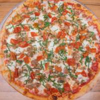 Sausage Ricotta Basil Whole Pie · Red Sauce, Mozzarella, Ricotta, Sausage, Basil, Herb Roasted Tomatoes