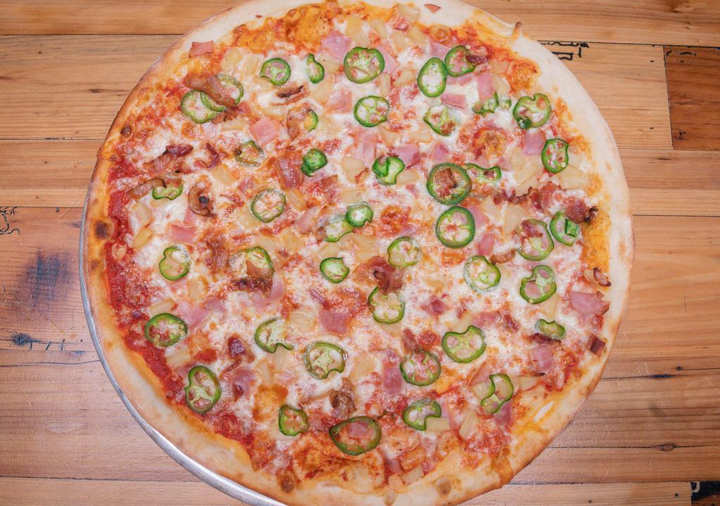 Spicy Hawaiian Whole Pie · Red Sauce, Mozzarella, Canadian Bacon, Bacon, Pineapple, Fresh Jalapenos