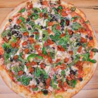 Veggie Whole Pie · Red Sauce, Mozzarella, Herb Tomatoes,  Spinach, Garlic, Bell Peppers, Mushrooms, Black Olives