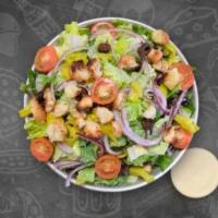 House Salad · Romaine Lettuce,  Cherry Tomatoes, Onion, Black Olives, Croutons, Pepperoncini, Italian Dres...