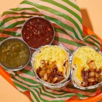 Morning Bacon Breakfast Burrito · Two scrambled eggs with crispy bacon, crispy tater tots, melted cheese, and caramelized onio...