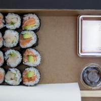 Sushi Box (X16 Pieces) Hungry · 16 pieces cut roll, pick four items. Comes with one soy sauce low sodium, one ginger, one wa...