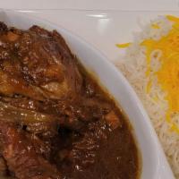 Lamb Shank (Mahicheh) · A whole baby spring lamb shank marinated, slowly cooked in our garlic and onion sauce.
