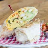 B'Fast Burrito · Chino Valley Ranch eggs, American cheese, hashbrowns, avocado, pico de gallo. Served with a ...