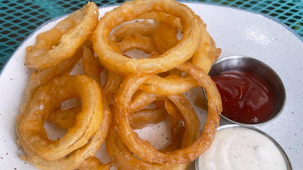 Onion Rings · TEMPURA BATTERED ONION RINGS SERVED WITH A SIDE OF HOUSE KETCHUP