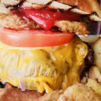 Fried Pickle Cheeseburger · BEEF PATTY, CHEESE, FRIED PICKLES, LETTUCE, TOMATO, CHEDDAR CHEESE, MAYO, MUSTARD AND KETCHU...