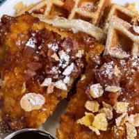 Odd Chicken & Waffle · FROSTED FLAKE CRUSTED CHICKEN BREAST SERVED ON A BELGIAN WAFFLE TOPPED WITH POWDERED SUGAR A...