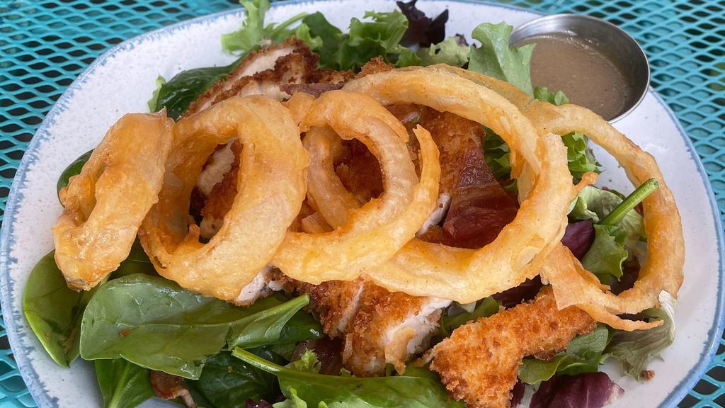 Maple Bacon Fried Chicken Salad · LETTUCE, FRIED CHICKEN BREAST, CANDIED BACON, SHOE STRING ONION RINGS, AND  DRESSED WITH MAPLE VINAIGRETTE