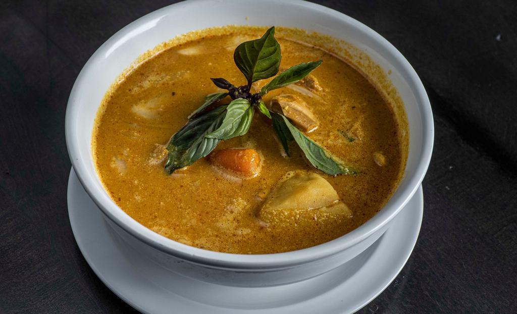 Cambodian Chicken Curry Lunch Special · 24 oz of Cambodian style curry made with boneless chicken, potato, onion, carrot & green bean (seasonal), simmered with kroeung (a blend of 7 herbs and spices), prahok (fermented fish) & coconut milk.
