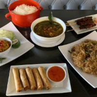 Cambodian Style · Chicken egg rolls (5), beef skewers with pickled veggies (5), ground chicken glass noodle, s...