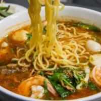 S.E.A. Ramen Bowl · Shrimp, mussel, fish ball, squid, imitation crab meat, oxtail, all in a spicy chicken broth,...
