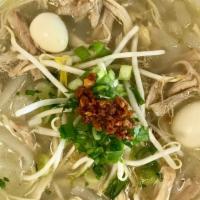 Chicken Noodle Soup · The chicken broth is simmered in kaffir lime leaves & galangal for an earthy taste. The nood...