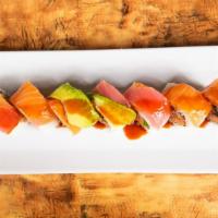 Vista Roll · Spicy tuna, Cilantro, Cucumber inside, Tuna, Salmon, Avocado on top with spicy ponzu