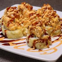 Abre La Boca Mucho Roll · Spicy Immitation crab, Grilled Shrimp, Cream Cheese, Avocado - Tempura style