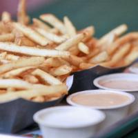 Shoestring Fries (Includes House Sauce) · Gourmet Shoestring fries cooked in 100% peanut oil. Includes one house-made dipping sauce.