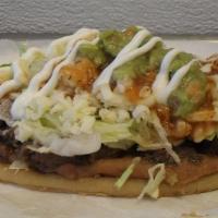 Huarache · Choice of one meat. Beans, lettuce, sour cream, cheese, guacamole, and salsa.