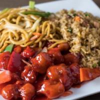 Sweet And Sour Pork · Deep fried chunks of battered pork with green peppers, onions, carrots and side of sweet and...