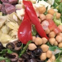 Chopped To Perfection · Romaine lettuce, tomatoes, red bell pepper, jack cheese, black olives, marinated artichoke h...