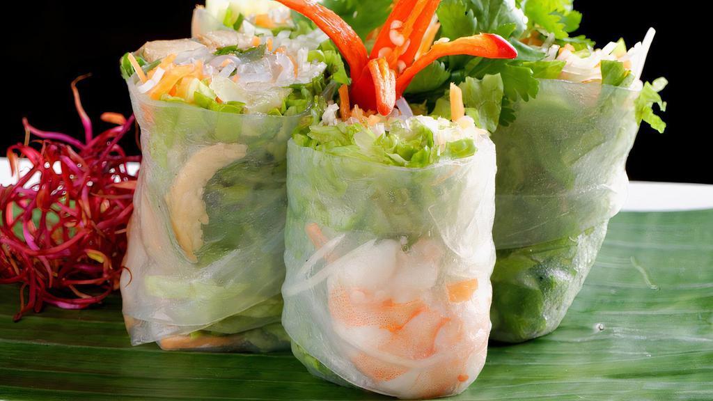 Fresh Rolls (2) · Rice paper stuffed with mixed greens, carrots, cucumbers, sweet basil and rice noodle served with peanut dipping sauce (choice of shrimp or fried tofu).
