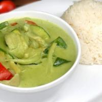 Green Curry · Sauteed coconut green curry with zucchini, bell peppers, bamboo shoots, and sweet basil.