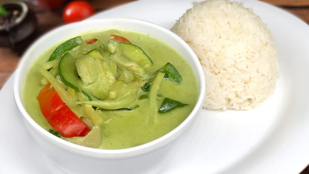 Green Curry · Sauteed coconut green curry with zucchini, bell peppers, bamboo shoots, and sweet basil.