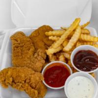 3 Chicken Strips · Three piece chicken strips served with sauce of your choice.