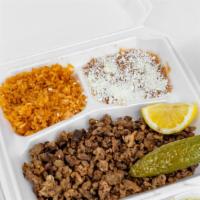 Combination Plate · Meat of your choice, served with rice, beans, salsa, queso cotija, lime, and tortilla.
