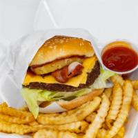 Texas Burger · 100% pure beef burger topped with bacon, barbeque sauce, and grilled pineapple. BURGER ONLY