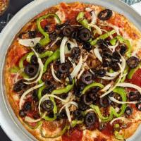 Deluxe (Jumbo) · Pepperoni, italian sausage, mushrooms, onions, green peppers, black olives and mozzarella ch...