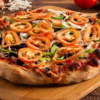 Vegetarian Pizza  (Large) · Tomatoes, black olives, mushrooms, green peppers, onions and mozzarella cheese.
