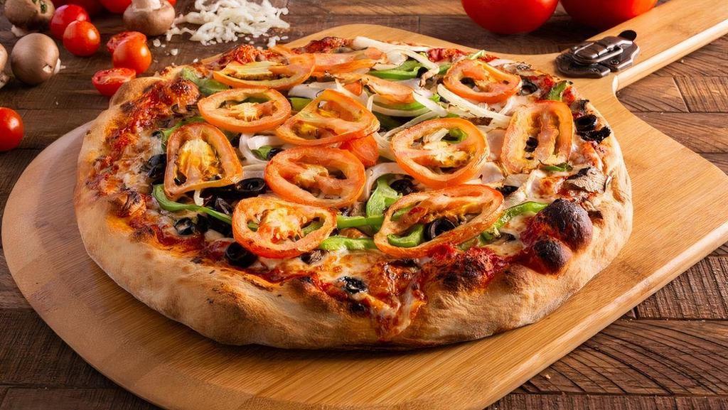 Vegetarian Pizza  (Large) · Tomatoes, black olives, mushrooms, green peppers, onions and mozzarella cheese.