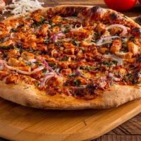 Bbq Chicken Pizza (Personal) · BBQ sauce, chicken breast, red onions, fresh cilantro and mozzarella cheese.