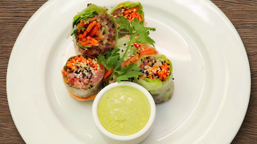 Spicy Tuna Spring Rolls · sushi-grade ahi, wasabi, ginger dipping sauce