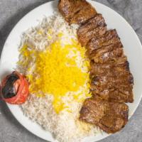Barg Kabob · Marinated fillet mignon served with basmith rice and grilled tomato.
