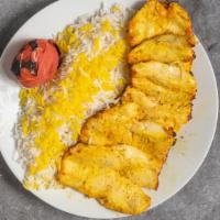 Chicken Barg · Sliced and marinated chicken breast served with basmati rice and grilled tomato.