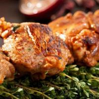 Chicken Bbq · Marinated boneless skinless chicken skewered and charbroiled.