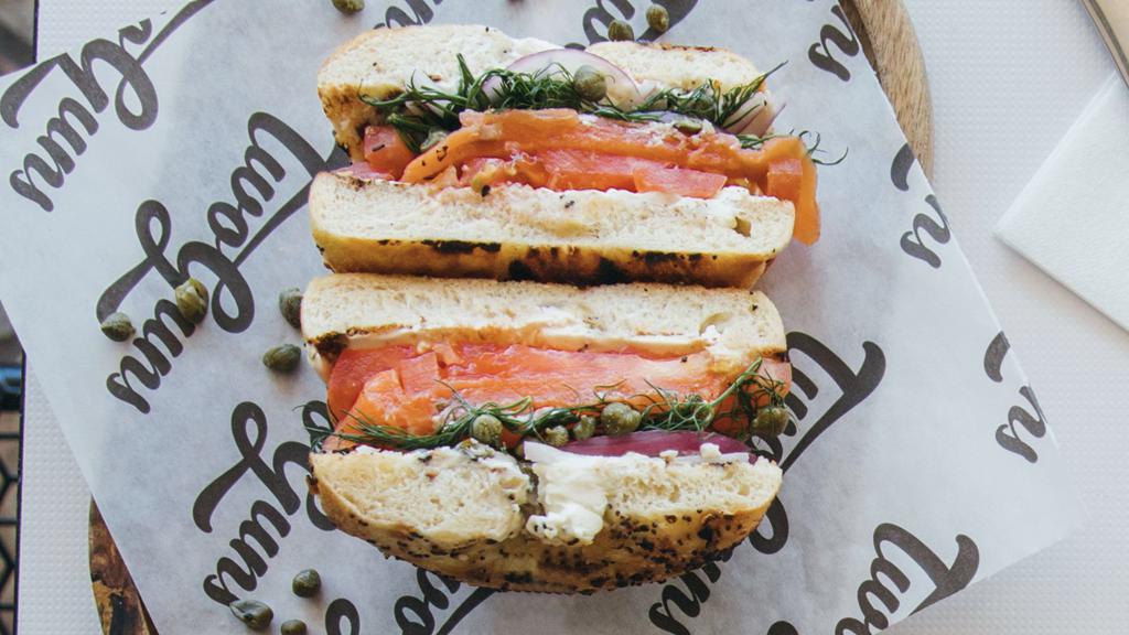 Smoked Salmon Bagel · cream cheese, tomato, red onion, capers, toasted bagel (plain or everything)