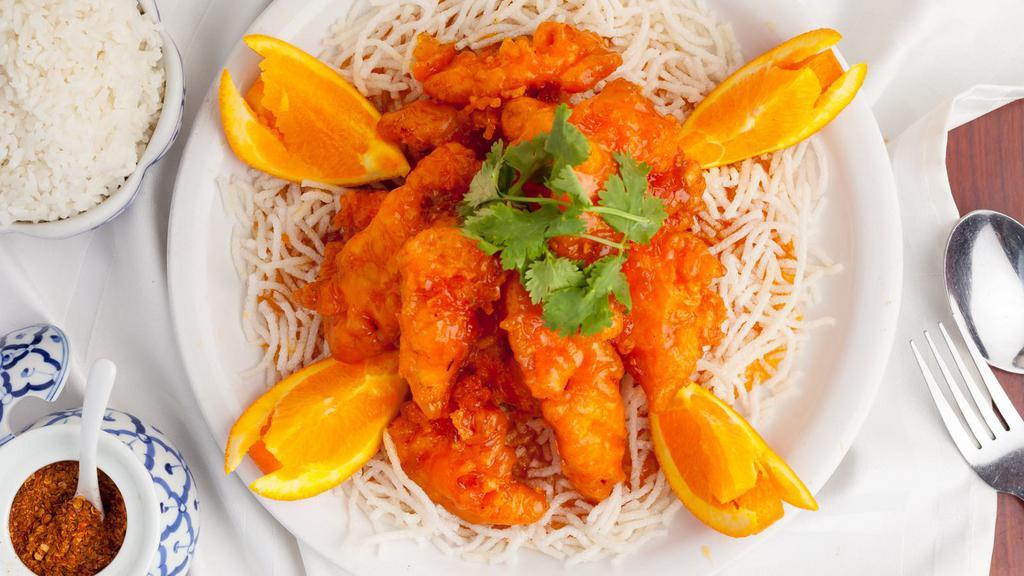 Orange Chicken · Deep fried chicken with Thai sweet orange sauce.