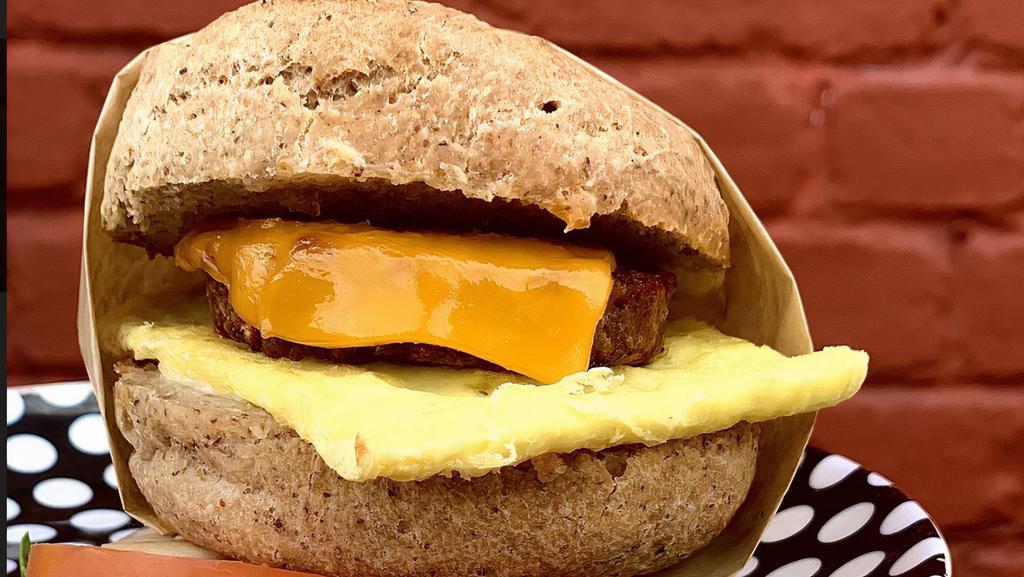Egg Sausage  Sandwich (Gluten-Free) · Beyond Sausage, Just Egg, Vegan Cheese, Our BLT Sauce on a GLUTEN-FREE bun.